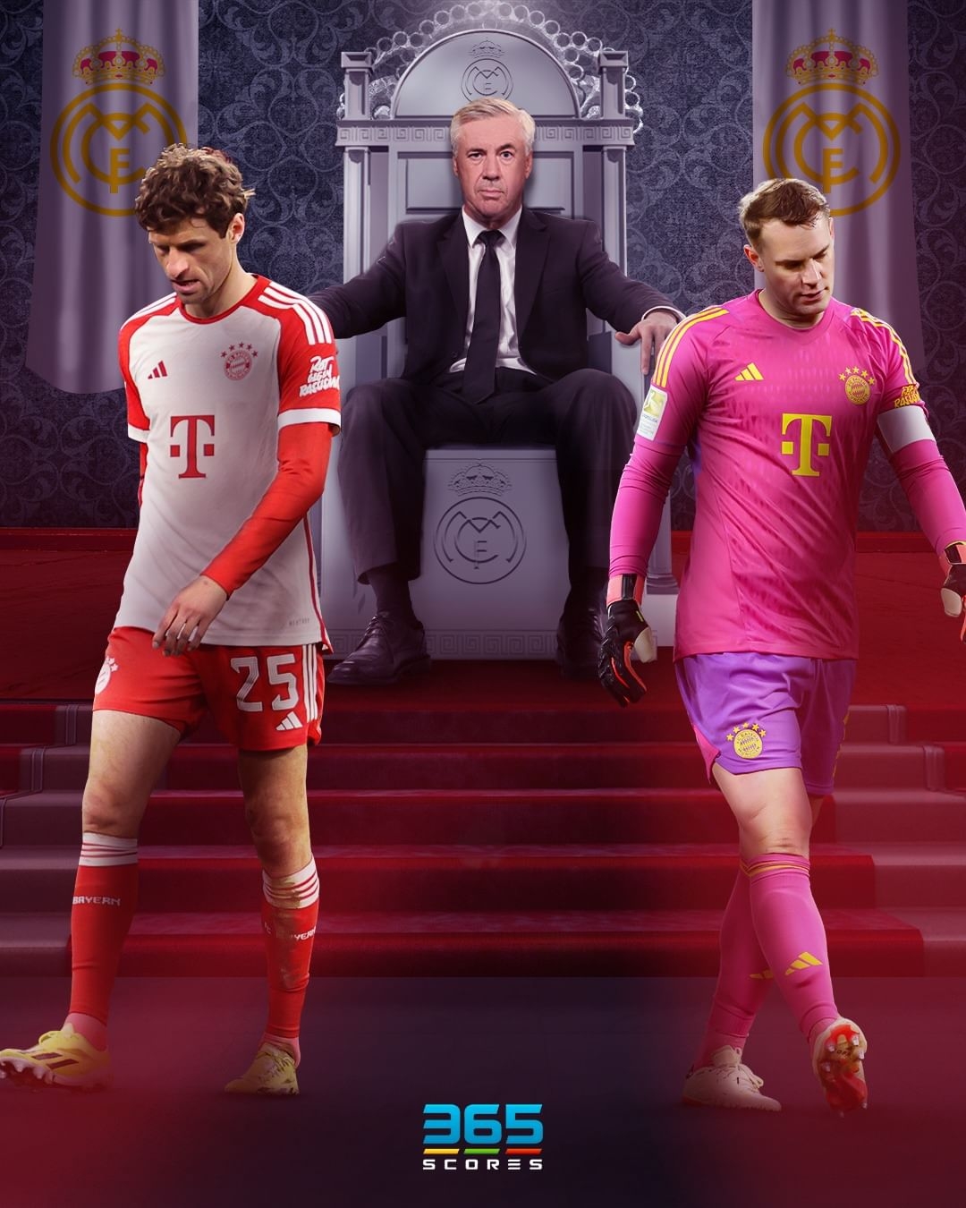 “Bố già” Ancelotti đang là khắc tinh của của Bayern Munich khi luôn bất bại mỗi lần đối đầu với Hùm xám. (Ảnh: 365Scores)
