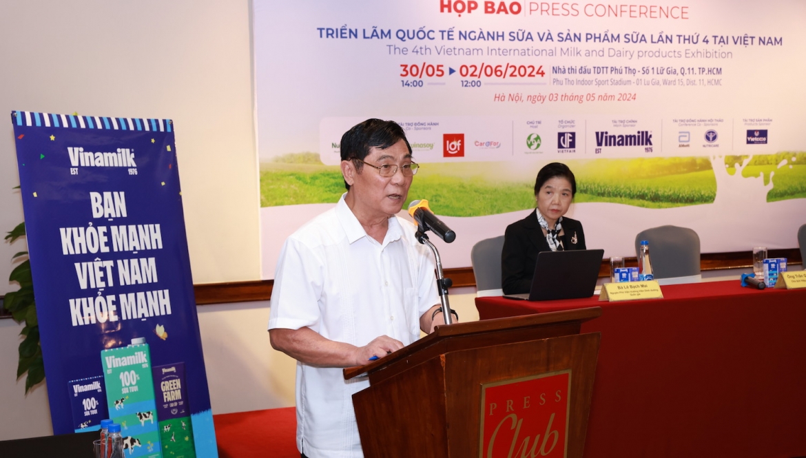 Ông Trần Quang Trung – Chủ tịch Hiệp hội Sữa Việt Nam tại cuộc họp báo Triển lãm quốc tế ngành sữa và sản phẩm sữa (VietNam Dairy 2024)