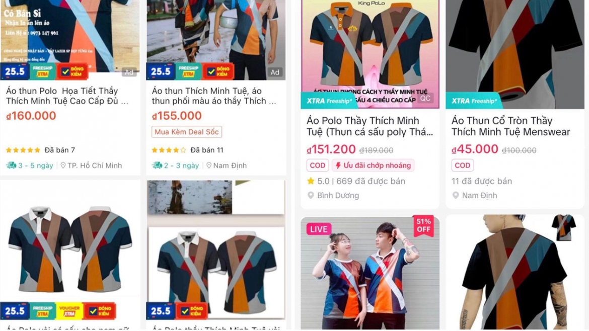 Các mẫu áo phỏng theo màu sắc trang phục thầy Thích Minh Tuệ ngập tràn trên các sàn thương mại điện tử - Ảnh chụp màn hình