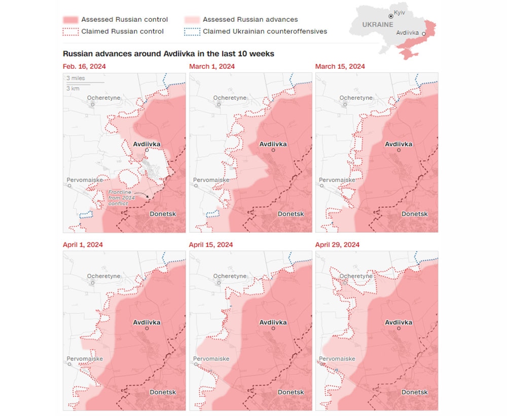 Cuộc tiến công của Nga quanh Avdiivka trong 10 tuần qua. Ảnh: CNN
