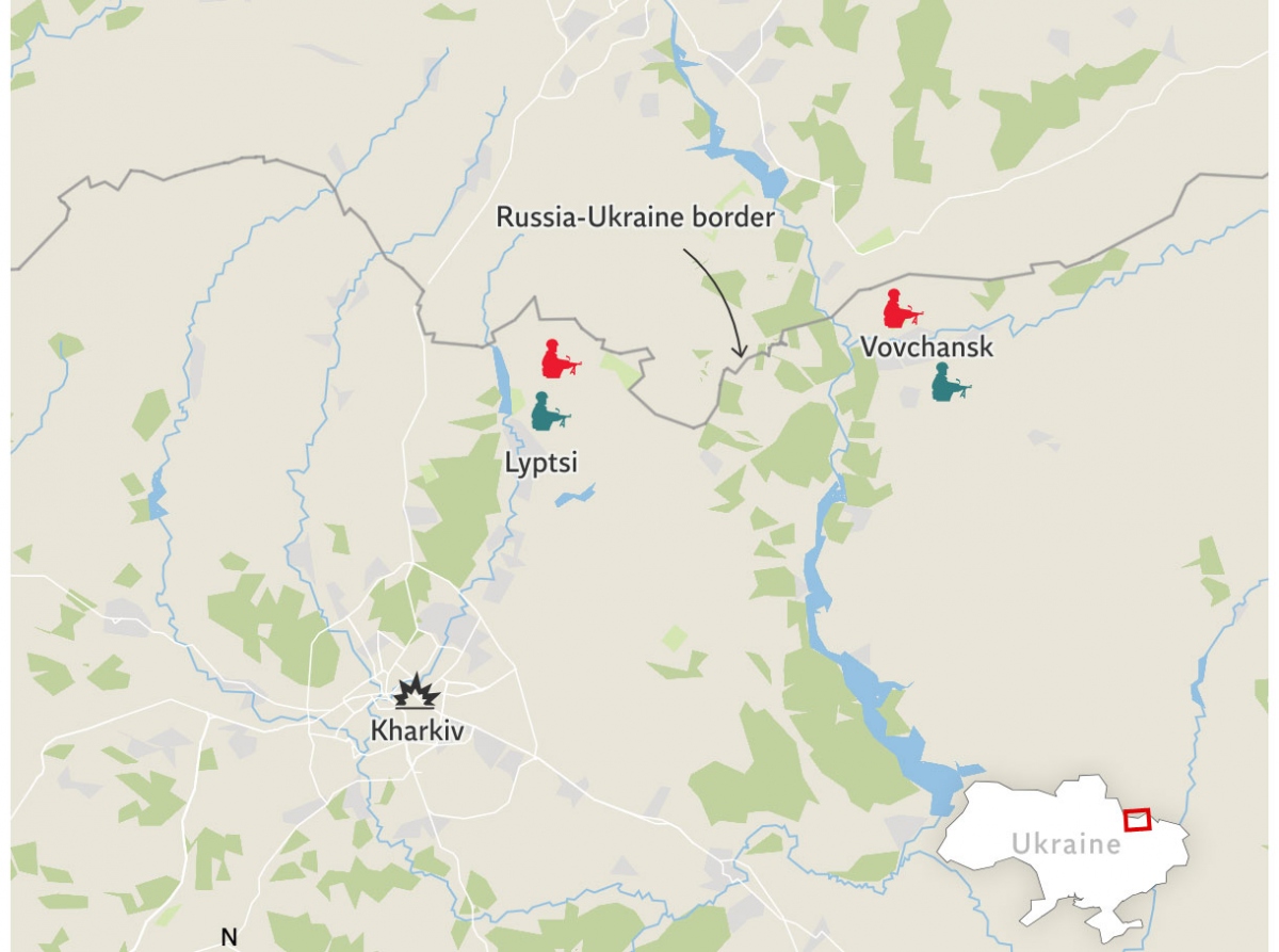 Vị trí giao tranh giữa quân Nga (đỏ) và Ukraine ở  Vovchansk (Ảnh: IWS)