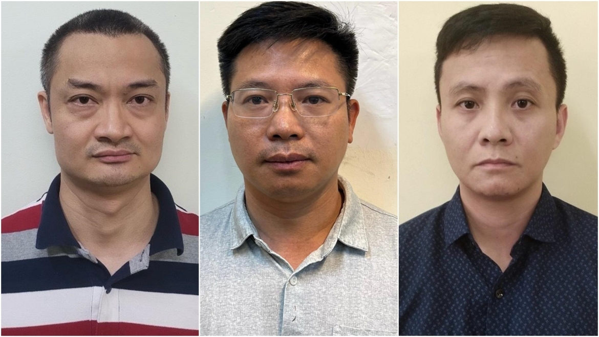 Từ trái qua phải: Bị can Khương Thanh Tùng, Đoàn Ngọc Phương, Cao Đại Nghĩa. (Ảnh: Bộ Công an)
