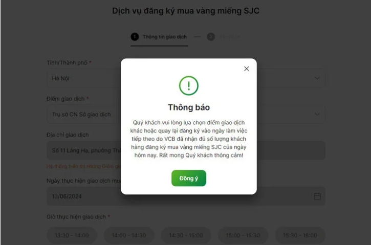 Ngân hàng thông báo hết vàng, nhiều người dân gặp khó khi đăng ký mua vàng online. (Ảnh chụp màn hình)