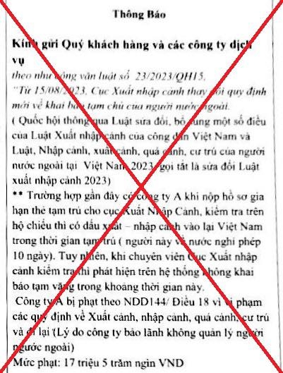 Thông tin lan truyền trên mạng về việc xử phạt người nước ngoài xuất cảnh không khai báo tạm vắng