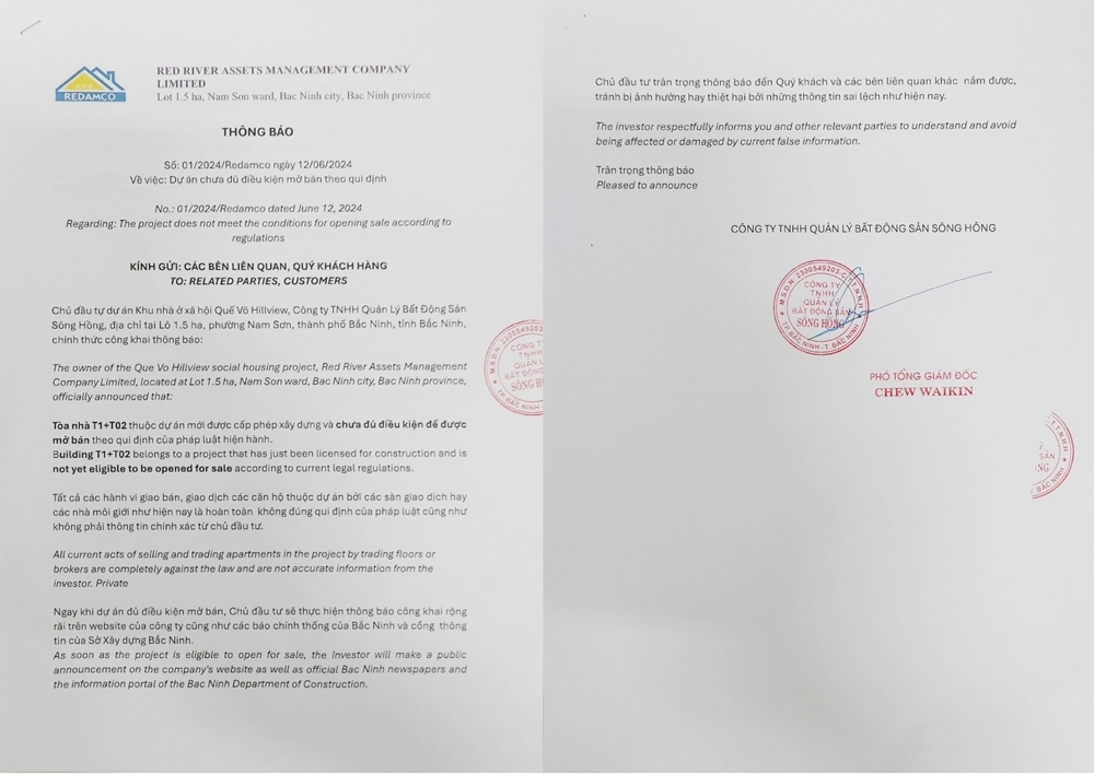 Thông báo của chủ đầu tư về dự án “Quế Võ HillView”