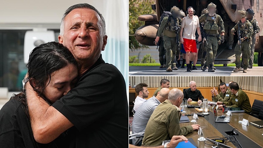 Con tin được người thân ôm chặt; con tin rời khỏi máy bay trực thăng; và chỉ huy quân sự lên kế hoạch giải cứu. Ảnh: IDF.