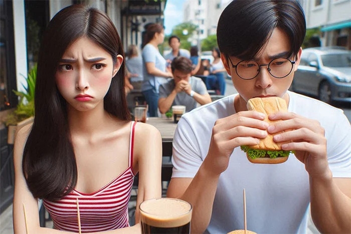 Bạn trai vô tư ăn uống và quên trả tiền khiến cô gái suy nghĩ. (Ảnh minh họa AI)