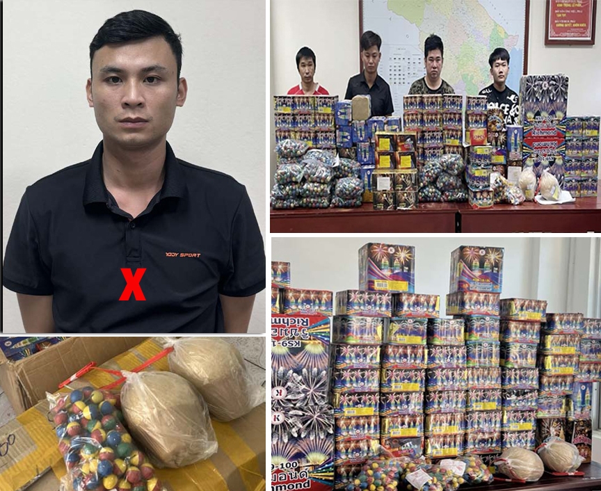Vũ Văn Nam (X) và các đối tượng trong đường dây mua bán pháo trái phép cùng số pháo thu giữ.