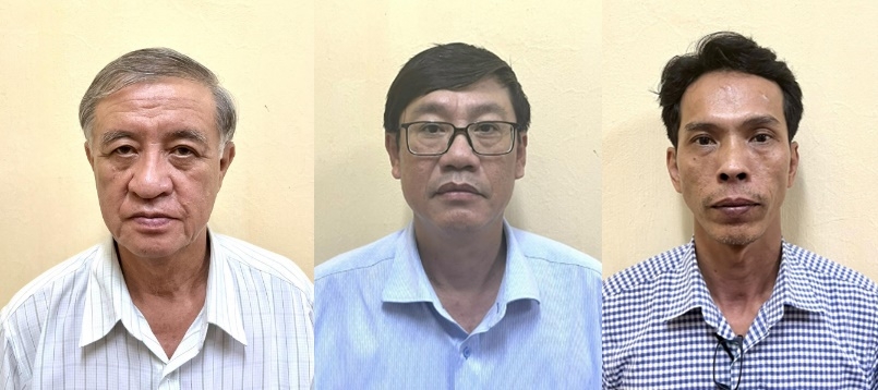 Từ trái qua, các bị can: Nguyễn Ngọc, Lê Quang Vinh, Huỳnh Lương Thiện