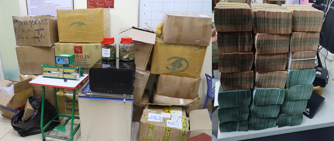Tang vật bao gồm 146 kg cần sa và 7,5 tỷ đồng trong chuyên án triệt phá đường mua bán trái phép chất ma túy trên không gian mạng hồi tháng 6/2024 vừa qua