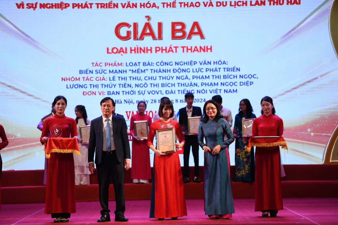 Loạt bài "Công nghiệp văn hóa: Biến sức mạnh “mềm” thành động lực phát triển" của nhóm tác giả Lê Thu, Chu Thúy Ngà, Phạm Thị Bích Ngọc, Lương Thị Thủy Tiên, Ngô Thị Bích Thuận, Phạm Ngọc Diệp, Ban Thời sự VOV1, Đài Tiếng nói Việt Nam giành giải Ba loại hình phát thanh.