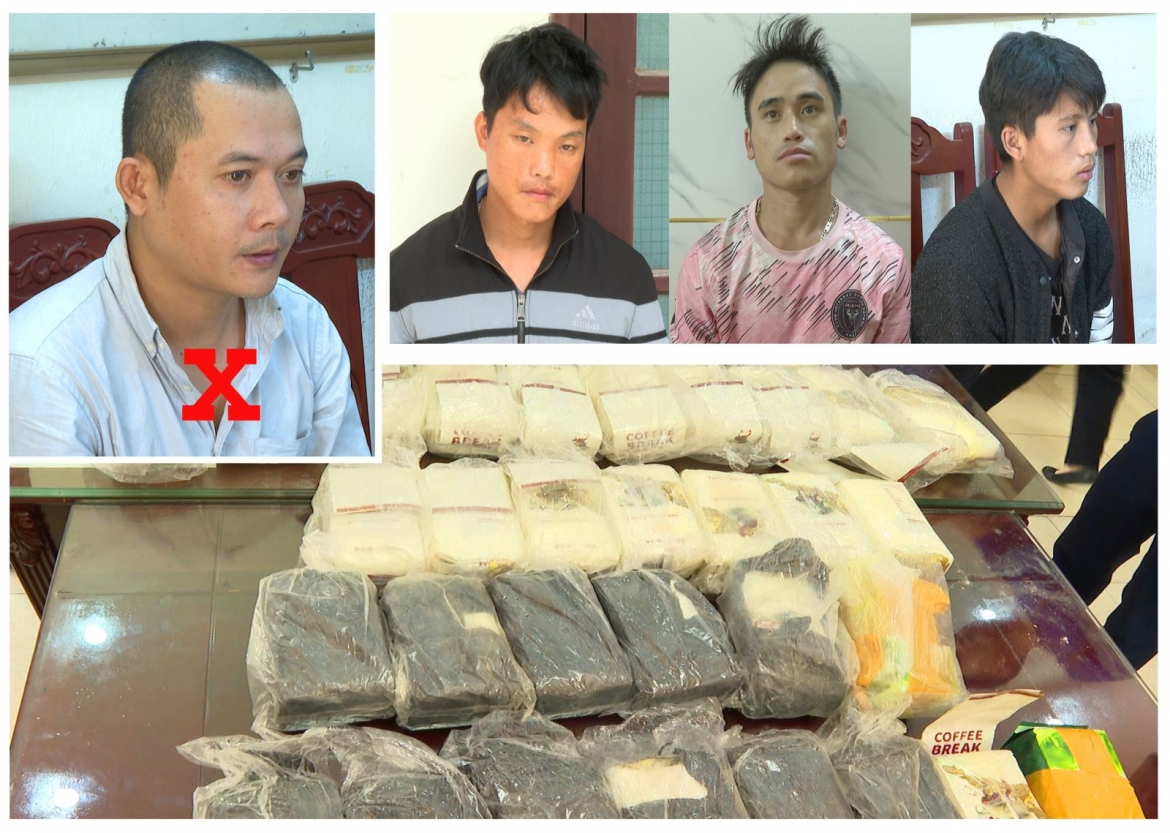 Các đối tượng Nguyễn Tính, Thao Chứ Ly, Sung Văn Hơ và Hơ Văn Gia cùng tang vật vụ án