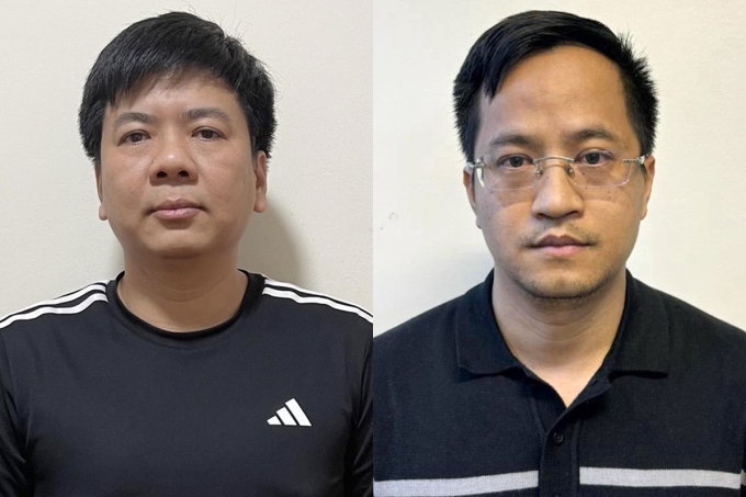 Bị can Nguyễn Ngọc Thủy (cựu Chủ tịch HĐQT, Tổng Giám đốc Công ty CP tập đoàn giáo dục Egroup) và Đặng Văn Hiển (cựu Trưởng Ban quan hệ cổ đông Công ty CP đầu tư và phân phối Egame) tại cơ quan điều tra. 