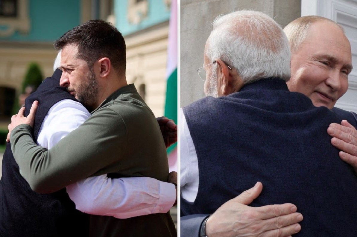 Cái ôm của Thủ tướng Ấn Độ Narendra Modi với Tổng thống Ukraine Volodymyr Zelensky và Tổng thống Nga Vladimir Putin. Ảnh: News18
