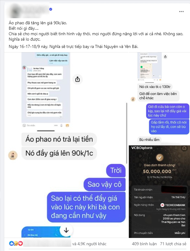 Trang cá nhân của một người nổi tiếng cũng bất bình chuyện tăng giá áo phao, song kêu gọi mọi người hãy bình tĩnh và cùng chung tay góp sức giúp đồng bào đang phải hứng chịu thiên tai
