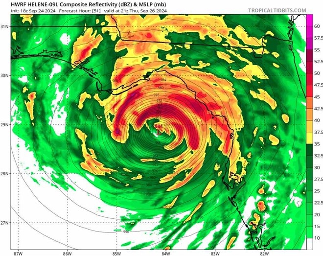 Bão Helene dự kiến đổ bộ Florida, Mỹ ngày 26.9.2024 (Ảnh: Tropicaltidbits.com)