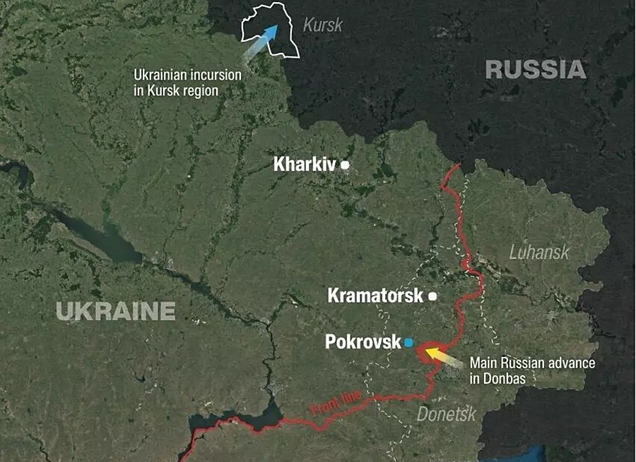 Trong lúc Ukraine nỗ lực đột kích Kursk (trên đất Nga) thì Nga tận dụng thời cơ để đánh lớn ở tỉnh Donetsk với trọng điểm là Pokrovsk. Đồ họa: ISW, FMM.