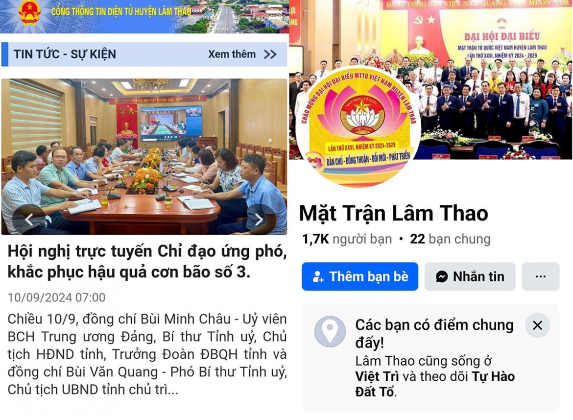 Hình ảnh giao diện Cổng Thông tin điện tử huyện Lâm Thao (https://lamthao.phutho.gov.vn) và Fanpage chính thống của Mặt trận Lâm Thao