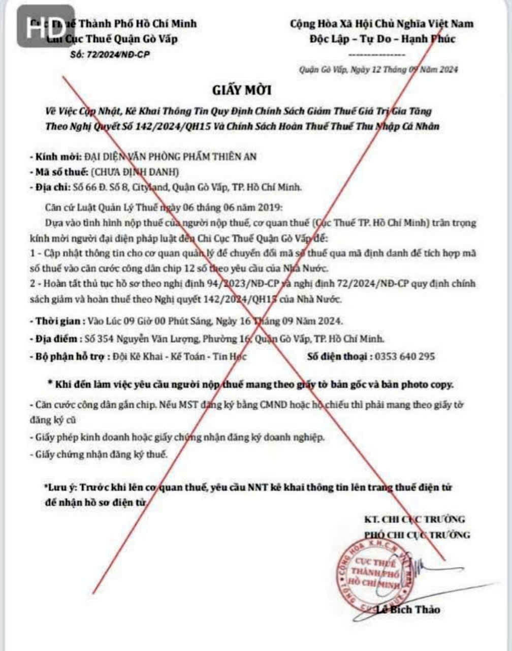 Thư mời giả mạo cơ quan thuế - Ảnh Cục thuế TP.HCM cung cấp