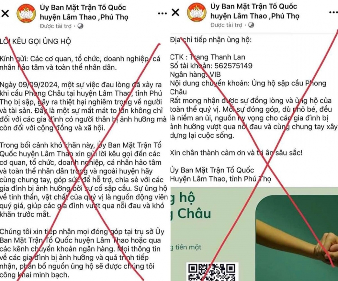 Trang Fanpage giả mạo Ủy ban Mặt trận Tổ quốc huyện Lâm Thao kêu gọi ủng hộ cho các gia đình bị ảnh hưởng bởi sự cố sập cầu Phong Châu