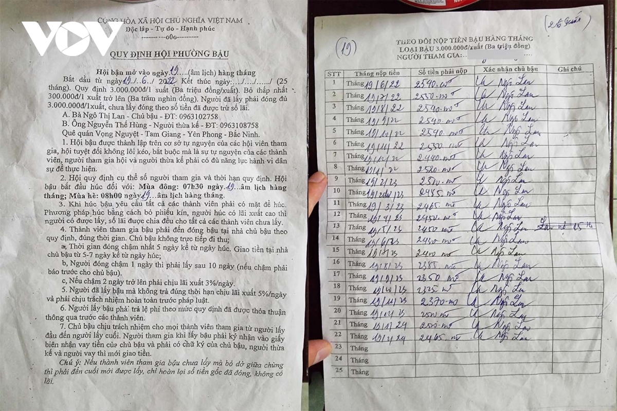 Giấy theo dõi nộp tiền "bậu" hàng tháng kèm chữ ký của "chủ bậu"