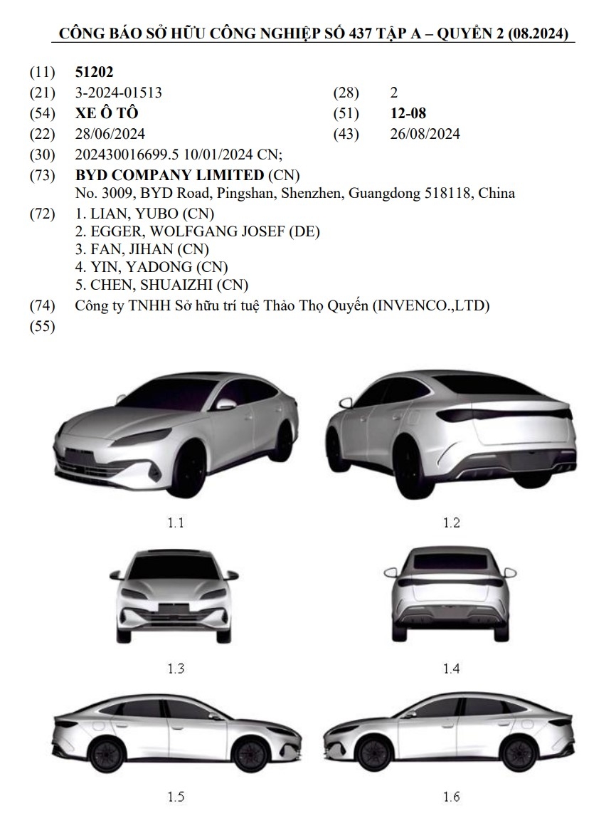 BYD Seal 06 đã được đăng ký bảo hộ kiểu dáng công nghiệp