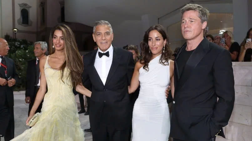Amal Clooney, George Clooney, Ines de Ramon và Brad Pitt tại Liên hoan phim Venice năm 2024. 