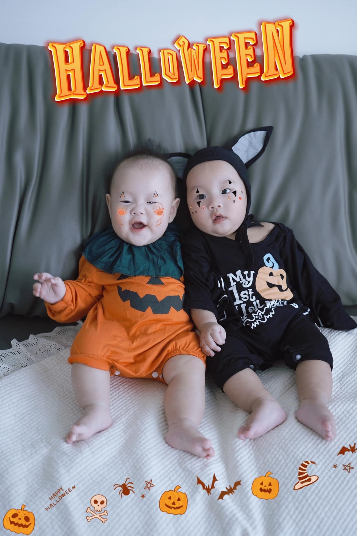 “Anh em con chúc cô dì chú bác Halloween thật vui vẻ và cute nha ạ”, diễn viên Phương Oanh khoe ảnh hai con sinh đôi Jimmy – Jenny hóa trang ngộ nghĩnh nhân dịp Halloween. (Nguồn: FBNV)