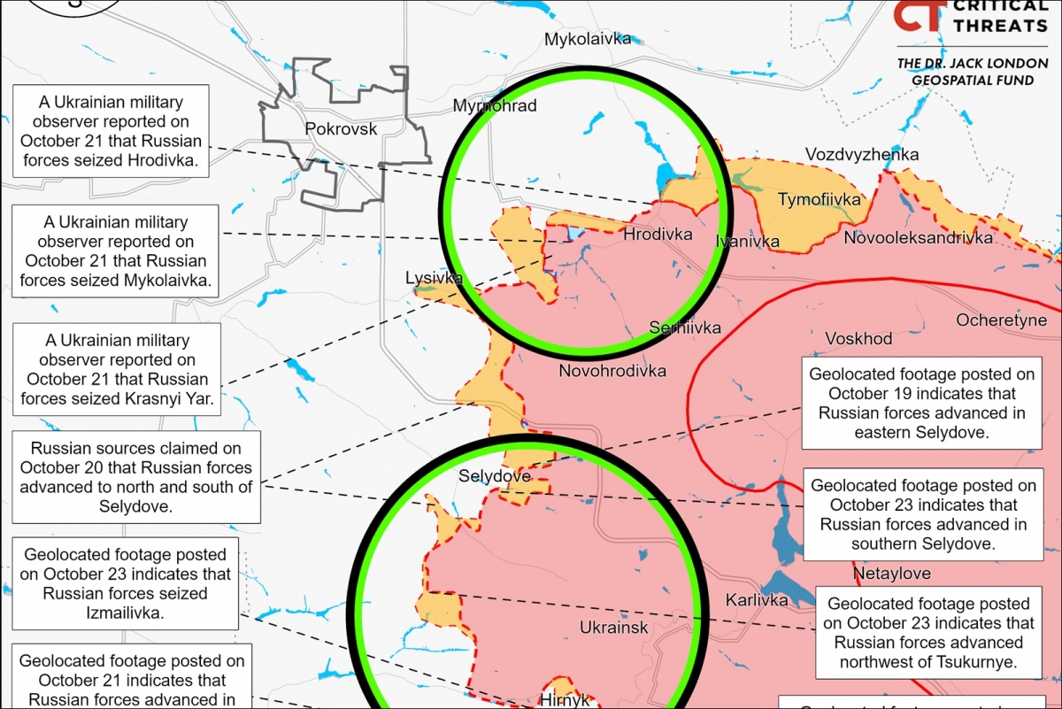 Bản đồ tình hình chiến sự phía Đông Pokrovsk (trong đó có Selydove), tính đến ngày 23/10/2024. Đồ họa: ISW.