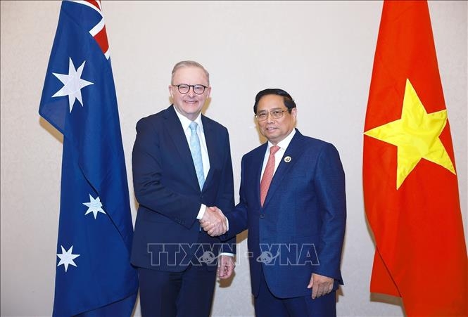Thủ tướng Phạm Minh Chính và Thủ tướng Australia Anthony Albanese. (Ảnh: TTXVN)
