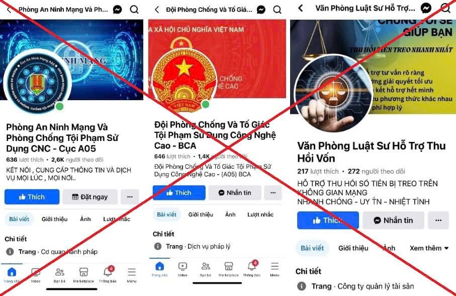Các trang mạng xã hội mạo danh cơ quan công an để quảng cáo hỗ trợ lấy lại tiền lừa đảo.