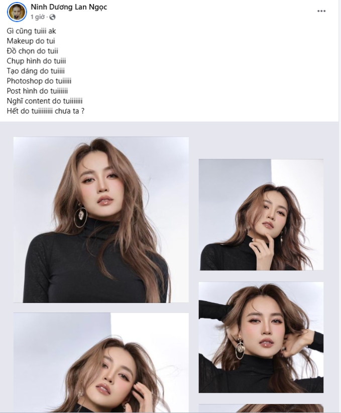 Lan Ngọc đã đăng tải một ảnh khoe visual mới toanh kèm dòng trạng thái: "Gì cũng tui á. Makeup do tui, đồ chọn do tui, chụp hình do tui, tạo dáng do tui, Photoshop do tui, post hình do tui, nghĩ content do tui, hết do tui chưa ta?".