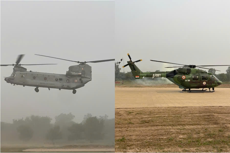 Trực thăng Chinook CH-47 (trái) và HAL Dhruv (phải) của lực lượng Không quân Lục quân Ấn Độ tham gia diễn tập VINBAX 2024