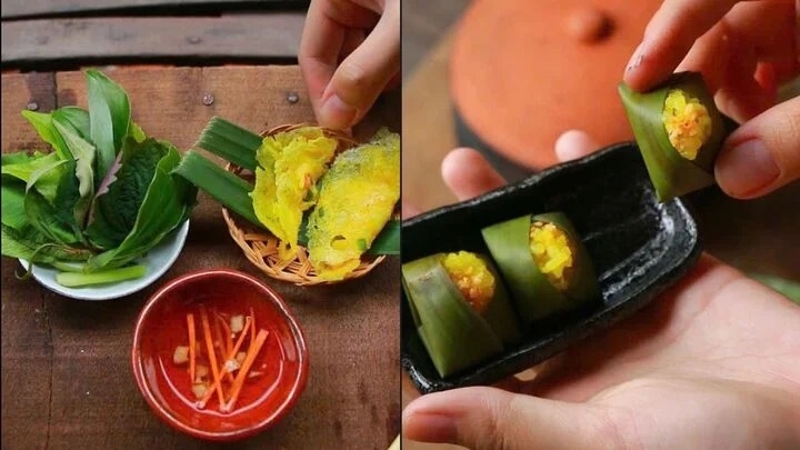 Món bánh xèo (bên trái) và xôi vò cuốn lá được làm cầu kỳ từ những chi tiết rất nhỏ