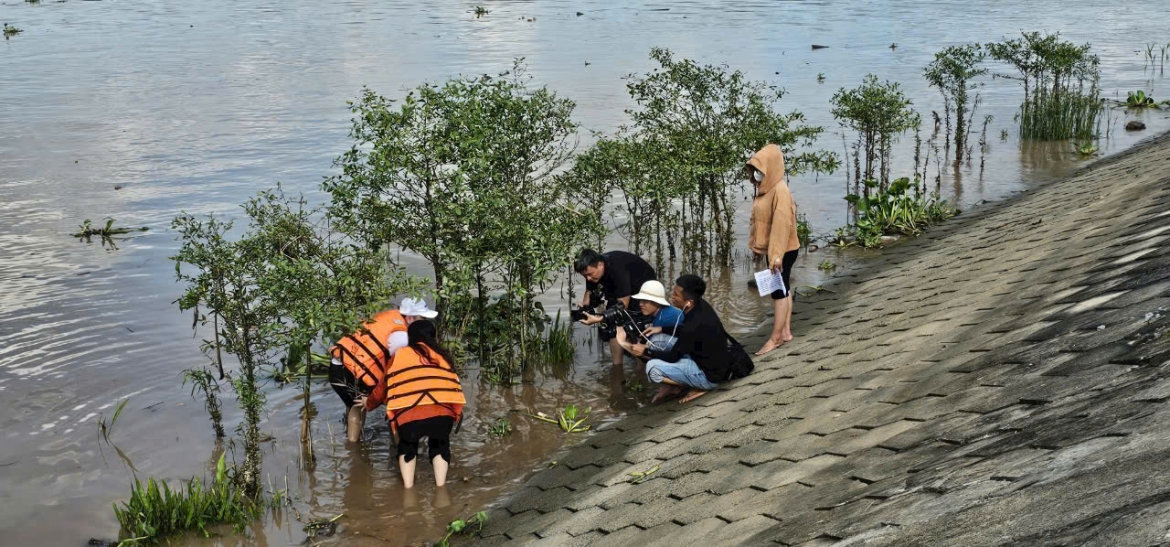 Du khách của công ty TNHH Truyền thông du lịch C2T Bến Tre tham gia trồng cây ven sông bảo vệ môi trường sinh thái