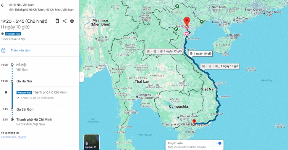 Bản đồ số thể hiện địa điểm, đường đi bằng phương tiện tàu hoả