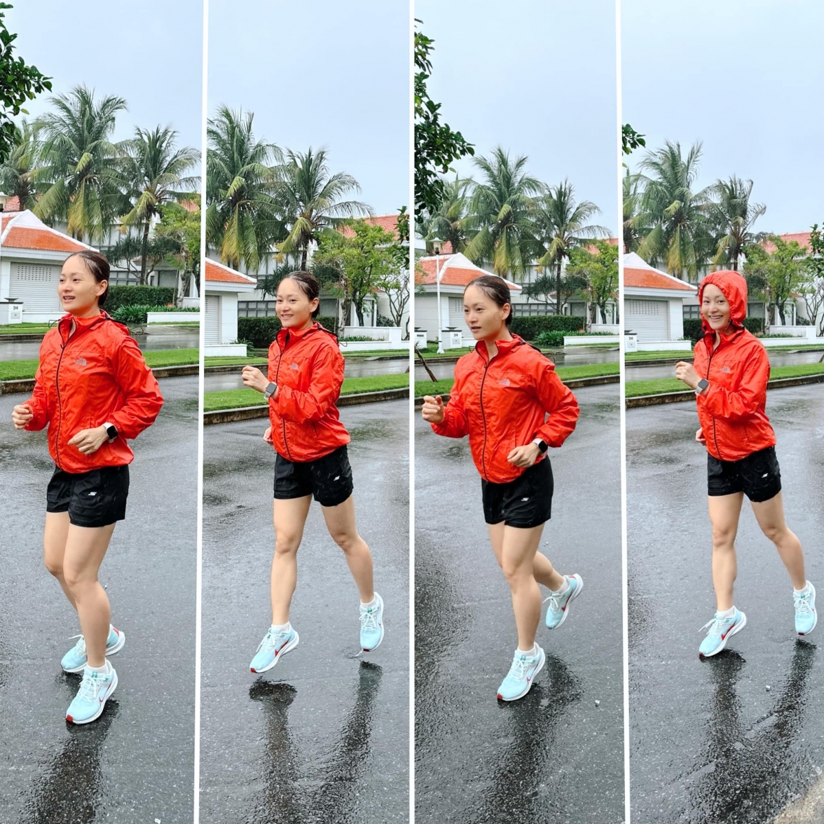 Diễn viên Lan Phương chăm chỉ chạy bộ giữ dáng dù trời đang mưa. “Trời mưa trời gió cũng không làm khó được Phương. Ướt sũng mọi người ạ, nhưng cảm giác rất là vui!”, cô viết. (Nguồn: FBNV)