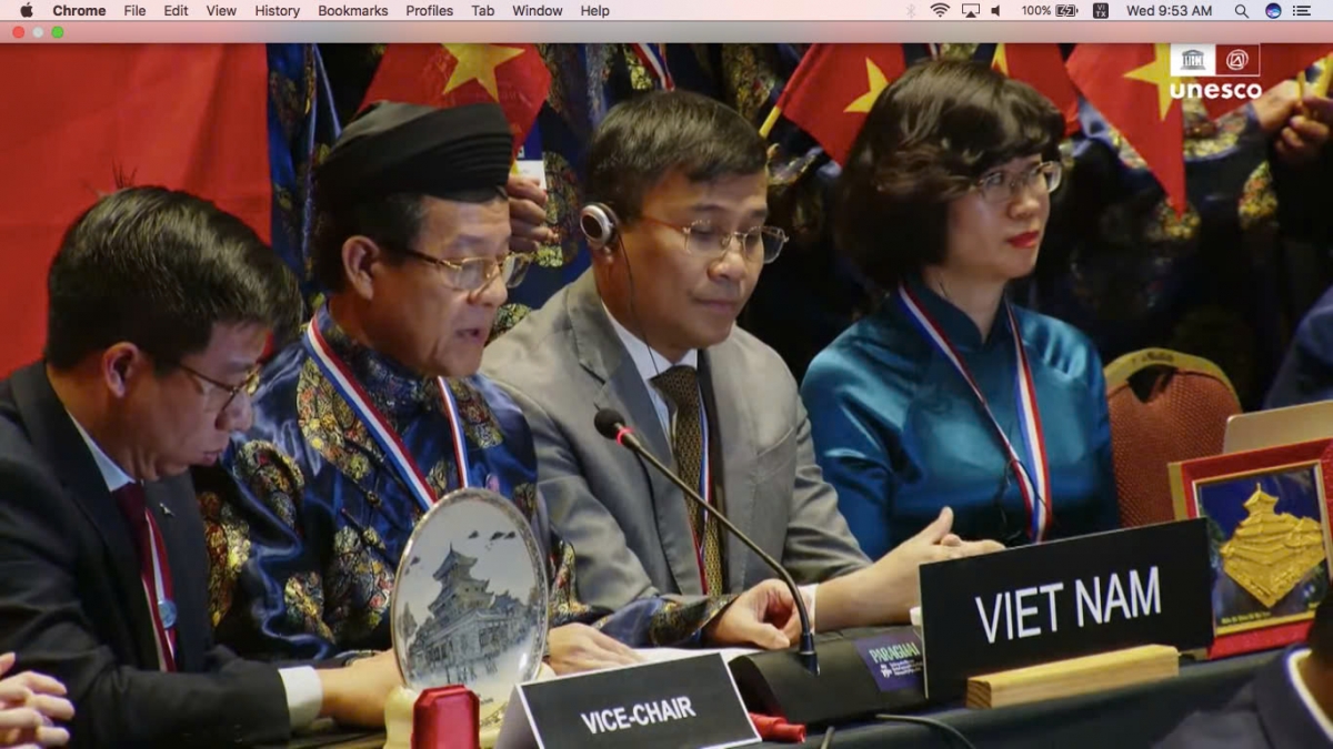 Thứ trưởng Thường trực Bộ Ngoại giao, Chủ tịch Uỷ ban Quốc gia UNESCO Việt Nam Nguyễn Minh Vũ và Bí thư Tỉnh ủy tỉnh An Giang Lê Hồng Quang đã phát biểu đáp từ và cam kết bảo vệ di sản sau khi ghi danh.