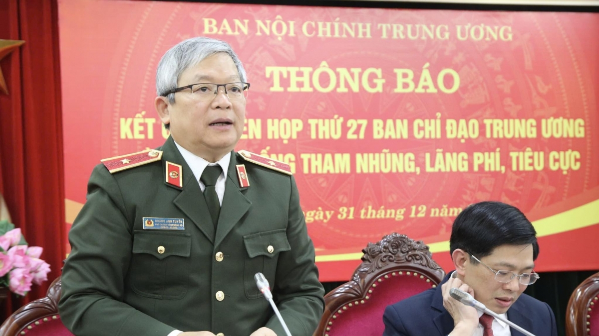 Thiếu tướng Hoàng Anh Tuyên, Phó chánh Văn phòng, người phát ngôn Bộ Công an thông tin tại cuộc thông báo kết quả Phiên họp 27 Ban chỉ đạo