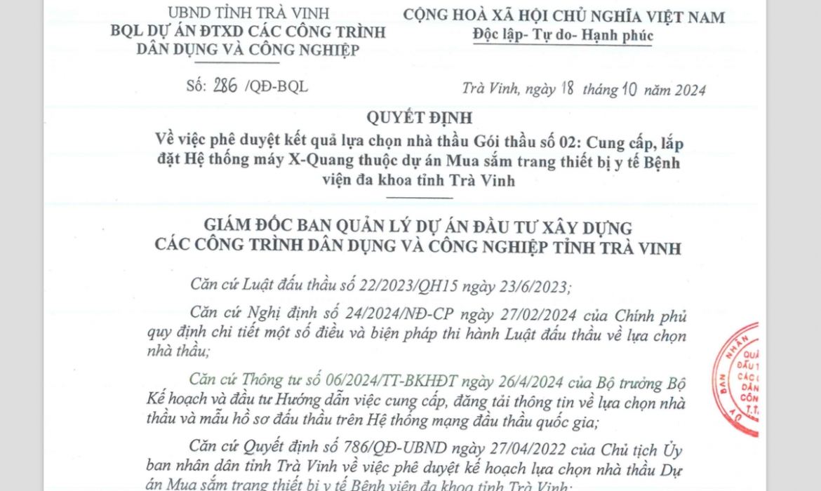 Quyết định số 286/QĐ-BQL về việc phê duyệt cho liên danh Công ty Cổ phần Armephaco - Công ty Cổ phần Công nghệ cao Savina trúng “Gói thầu số 02: Cung cấp, lắp đặt Hệ thống máy X-Quang thuộc dự án Mua sắm trang thiết bị y tế Bệnh viện đa khoa tỉnh Trà Vinh”