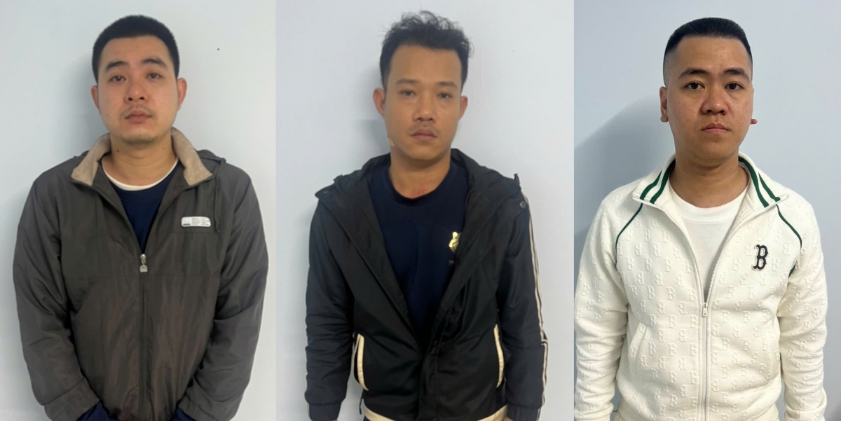 Các đối tượng Huynh, Sĩ và Nam (từ trái qua) bị tạm giữ để điều tra.