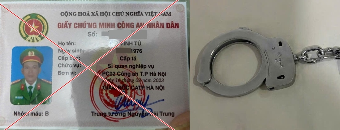 Giấy chứng minh CAND giả và còng số 8 được các đối tượng dùng làm phương tiện gây án.