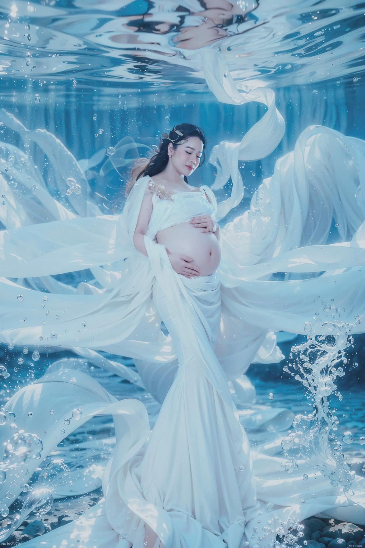 Nhật Kim Anh khoe bụng bầu tròn xoe gần đến ngày dự sinh trong bộ ảnh mới thực hiện. Cô diện trang phục lấy cảm hứng nữ thần với hiệu ứng dưới nước thêm phần lung linh. (Nguồn: FBNV)