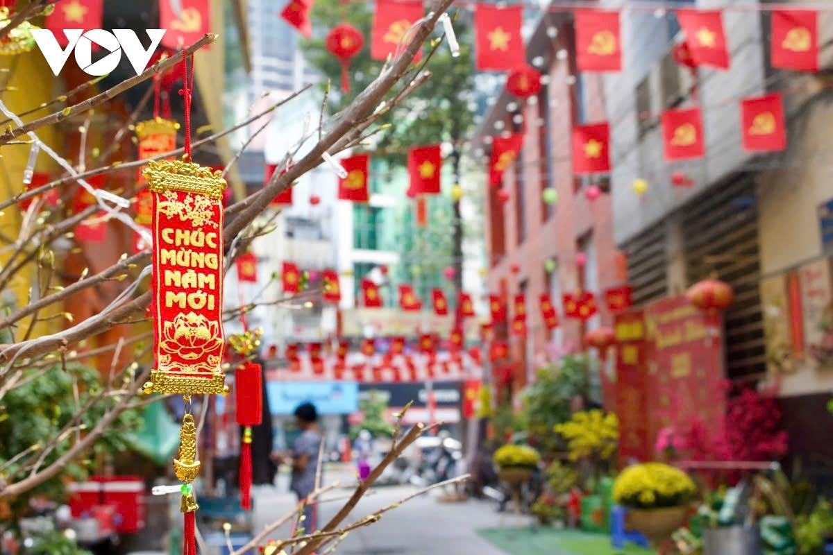 The vibrant red flags and traditional Tet decorations create a lively atmosphere for welcoming the new year.