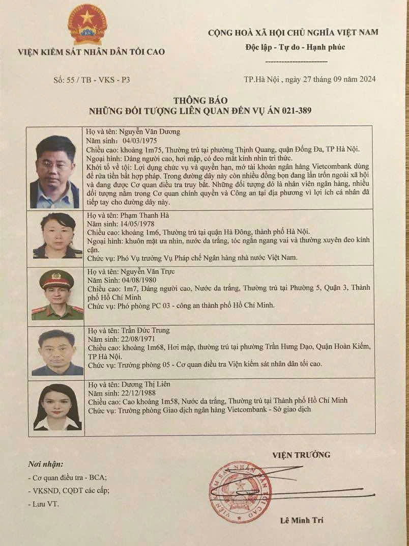 Danh sách các đối tượng trong đường dây rửa tiền mà các đối tượng gửi cho chị H.