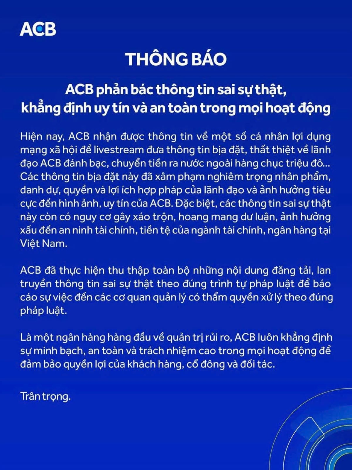 Thông cáo phát đi tối ngày 4/1 của Ngân hàng ACB (Ảnh chụp màn hình trên fanpage của ACB)