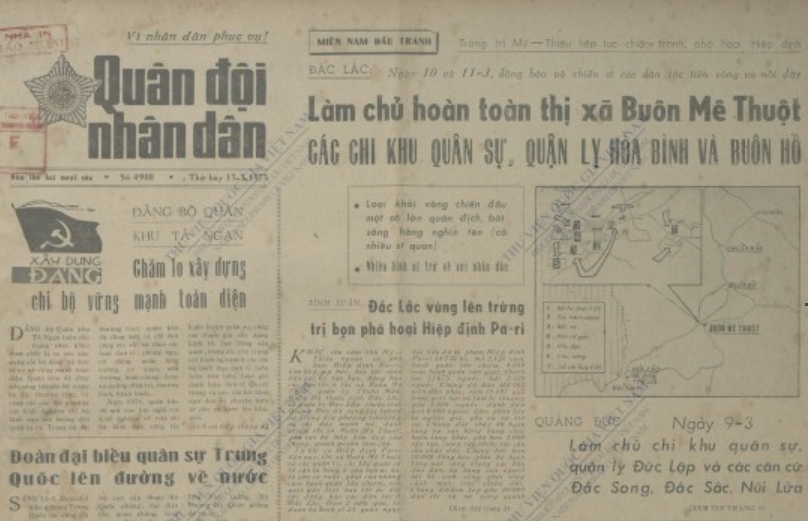Báo Quân đội nhân dân số ra ngày 15/3/1975. (Nguồn: Bộ sưu tập số, Thư viện báo chí, Thư viện Quốc gia Việt Nam)