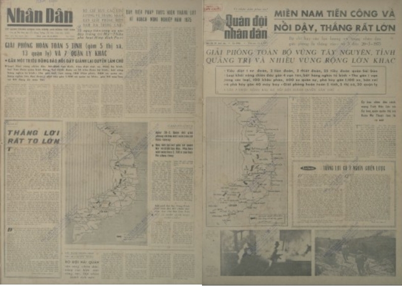 Báo Nhân Dân và báo Quân đội nhân dân số ra ngày 21/3/1975. (Nguồn: Bộ sưu tập số, Thư viện báo chí, Thư viện Quốc gia Việt Nam)