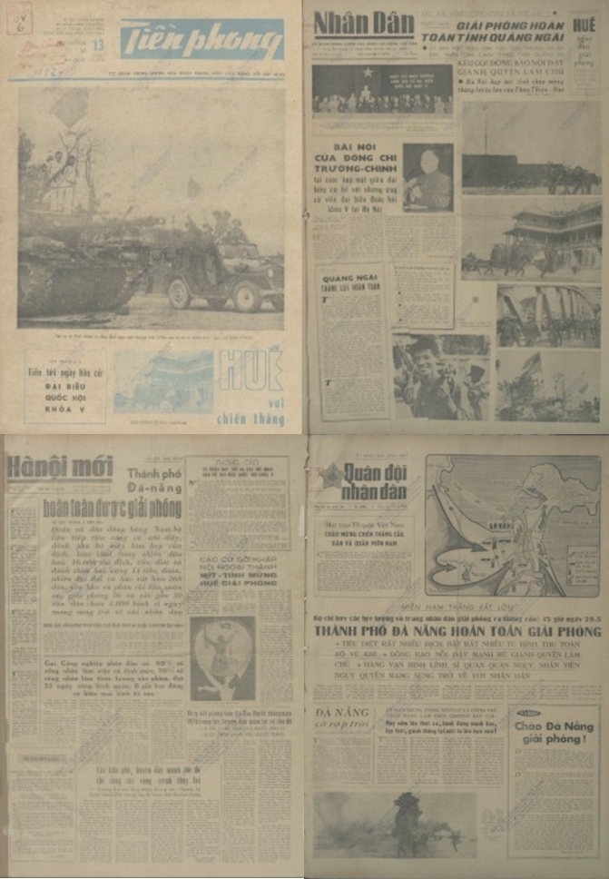 Các trang báo đưa tin giải phóng Huế, Đà Nẵng cách đây 50 năm. (Nguồn: Bộ sưu tập số, Thư viện báo chí, Thư viện Quốc gia Việt Nam)