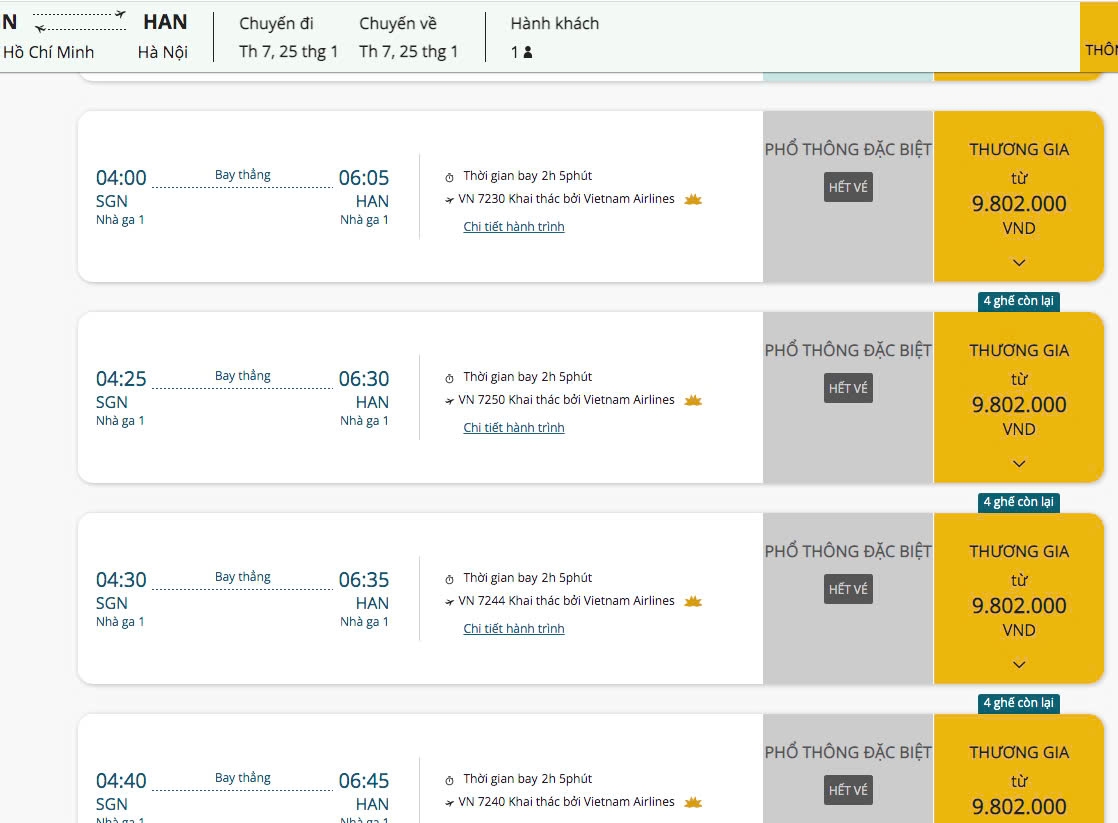 Nhiều chuyến bay từ TP.Hồ Chí Minh - TP.Hà Nội vào ngày 25/1, giá vé hạng phổ thông đã thông báo hết vé.